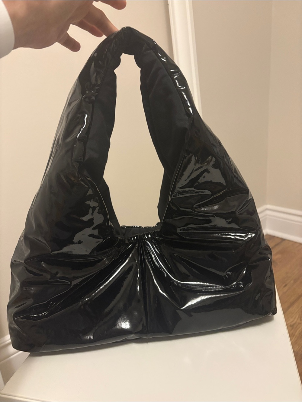 Holt Renfrew Glossy Black Patent Shoulder Bag - Contemporary Women's Hobo